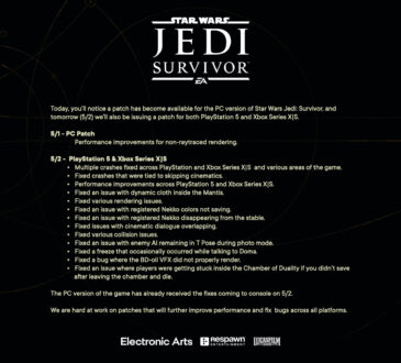 Star Wars Jedi: Survivor para pc recibe su primer parche